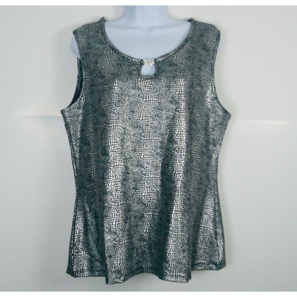 WOMEN BLACK & SILVER SLEEVELESS JEWELED ROUND NECK SNAKESKIN PRINT TOP. SIZE L